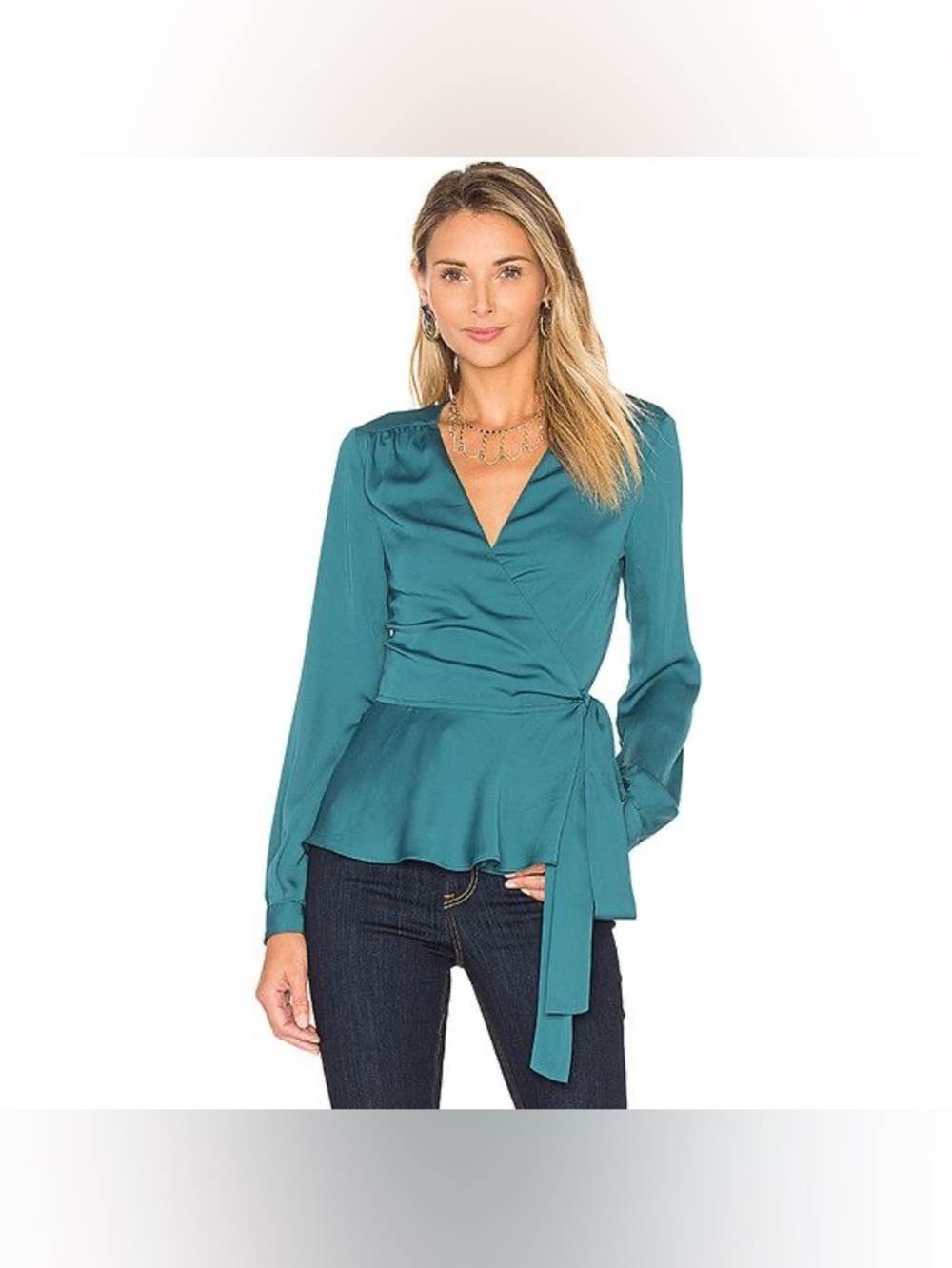 L’ Academie The Long Sleeve Wrap Blouse Emerald glam holidays party minimalist